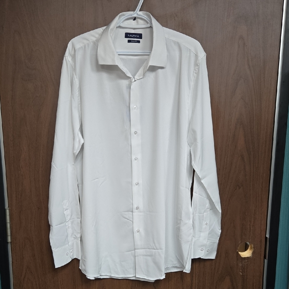 Nautica Size XXL White Slim Fit Button Down Dress Shirt